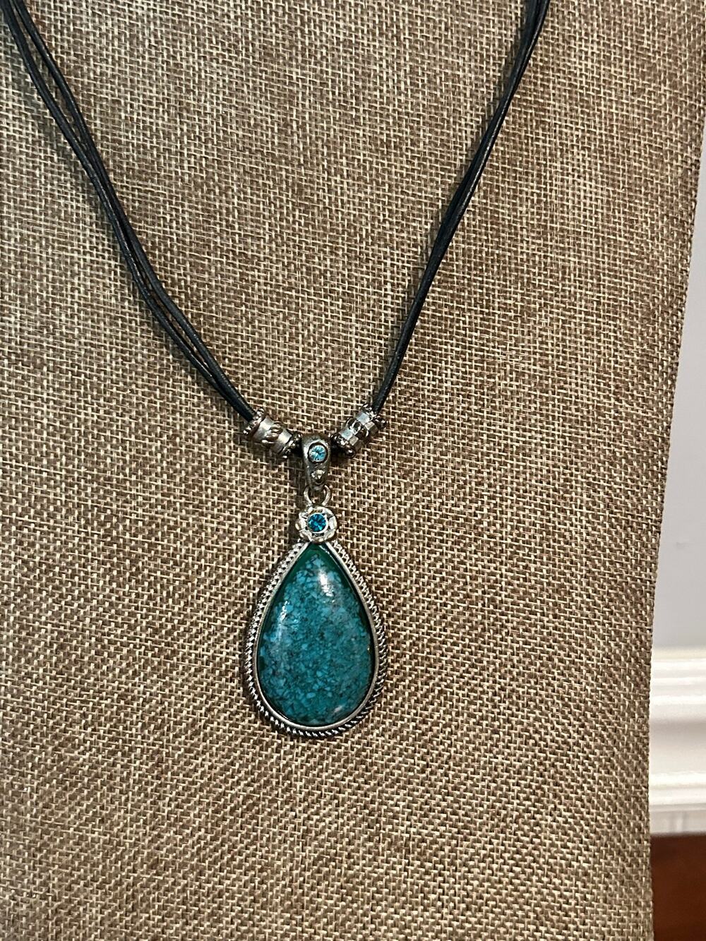 Chrysocolla Teardrop Pendant Necklace Silver Tone Rope Bezel 18" Boho Gemstone